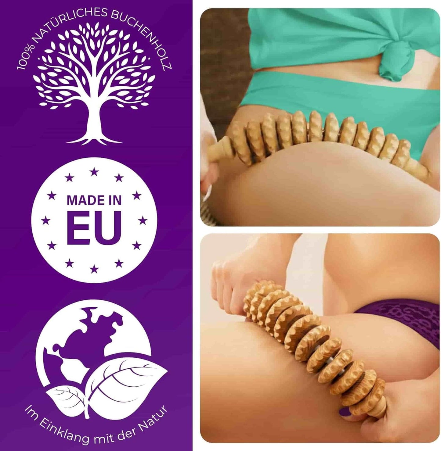 Tuuli Accessories Anti-Cellulite Massage Roller with Handle - Wooden Maderotherapy Device for Legs, Thighs, Abdomen, and Body