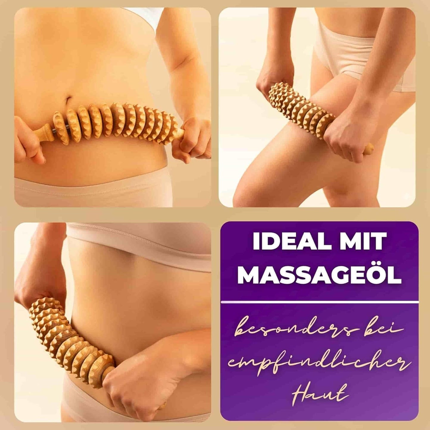 Tuuli Accessories Anti-Cellulite Massage Roller with Handle - Wooden Maderotherapy Device for Legs, Thighs, Abdomen, and Body